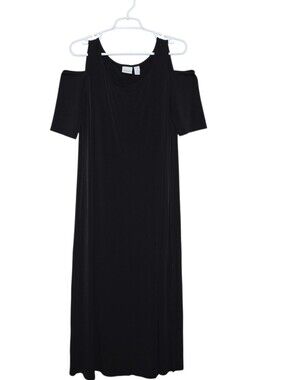Chico's 1 Medium Women's Casual Dress Cold Shoulder Black Midi Stretch
